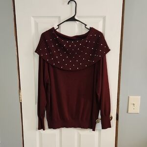 Burgundy Cowl Neck Sweater with Beaded Details